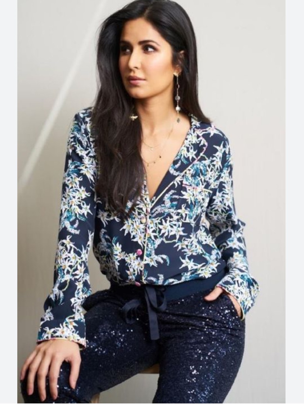 cinq a sept Navy Floral V-Neck Blouse